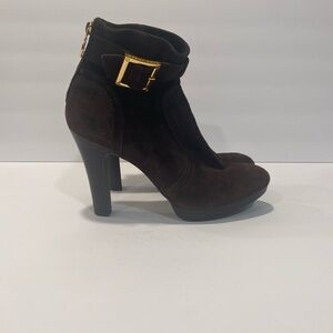 Tory Burch Dark Brown Suede Heeled Boots with Gold Accents